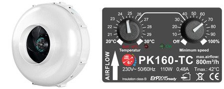 Prima Klima PK Rohrventilator 160, 800m³/h, für 160 mm Rohr, verkabelt, integr. temperaturabhängiger Drehzahlregler